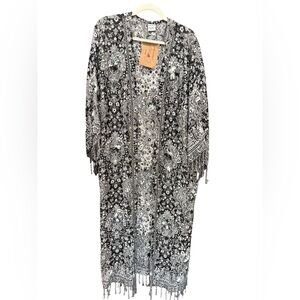 NWT Ashley Taylor Luxe Embroidered Boho Kimono Duster Fringe OS